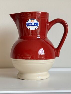 Emile Henry Vintage 1L Cerise Provençal Red and Cream Two Toned Ceramic Pitcher